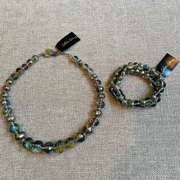 NWT Vintage Cookie Lee Genuine Crystal Ball Disco Necklace Stretch Bracelet Set - Picture 1 of 10